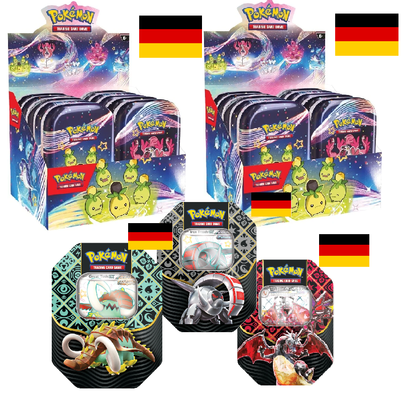 2x Paldeas Schicksale Mini Tin Display - Deutsch + 3x Paldeas Schicksale Tins Deutsch