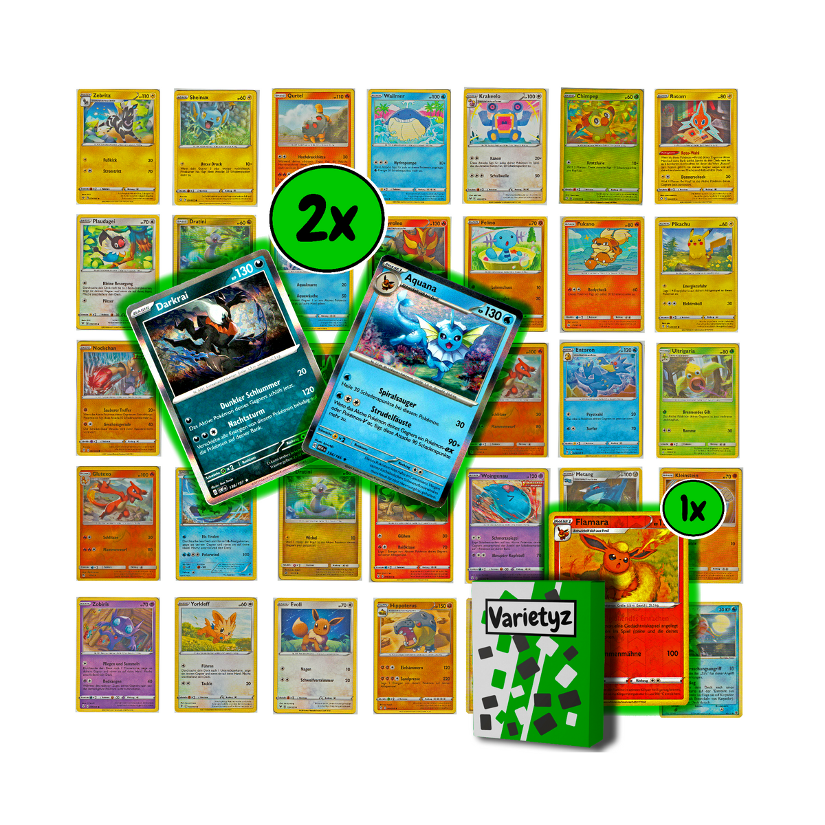 50 Verschiedene Pokemon Karten Set Deutsch - 50 Stück Karten Set - 2 Holo Karten + 1 Reverse Holo Karte - Pokemonkarten