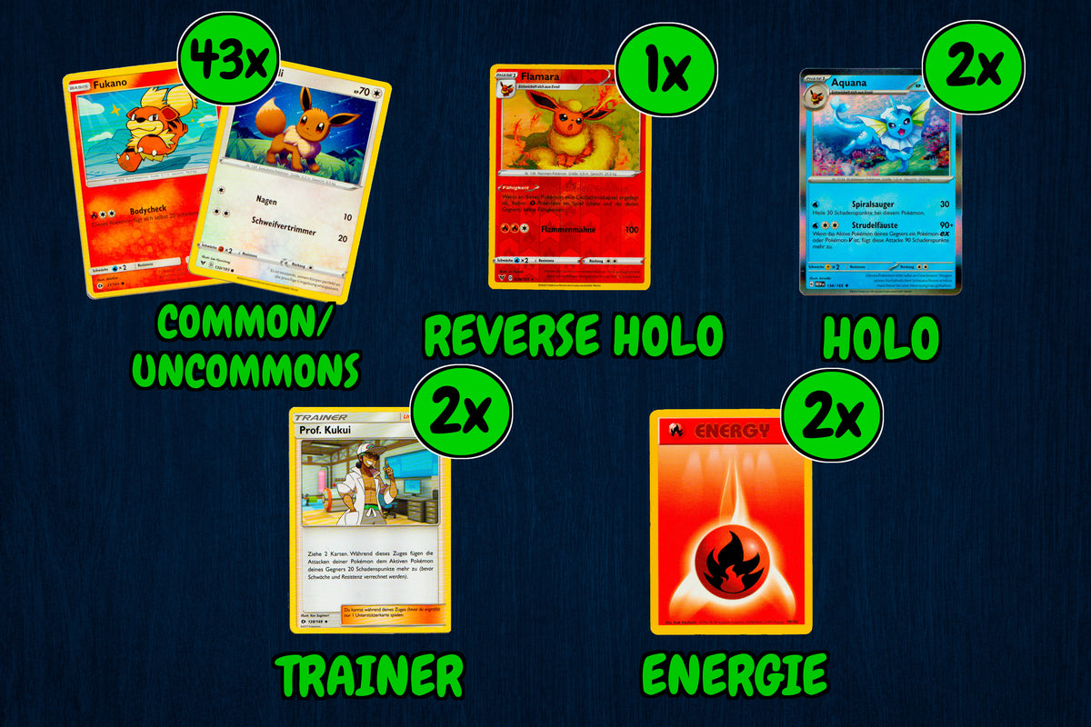 50 Verschiedene Pokemon Karten Set Deutsch - 50 Stück Karten Set - 2 Holo Karten + 1 Reverse Holo Karte - Pokemonkarten