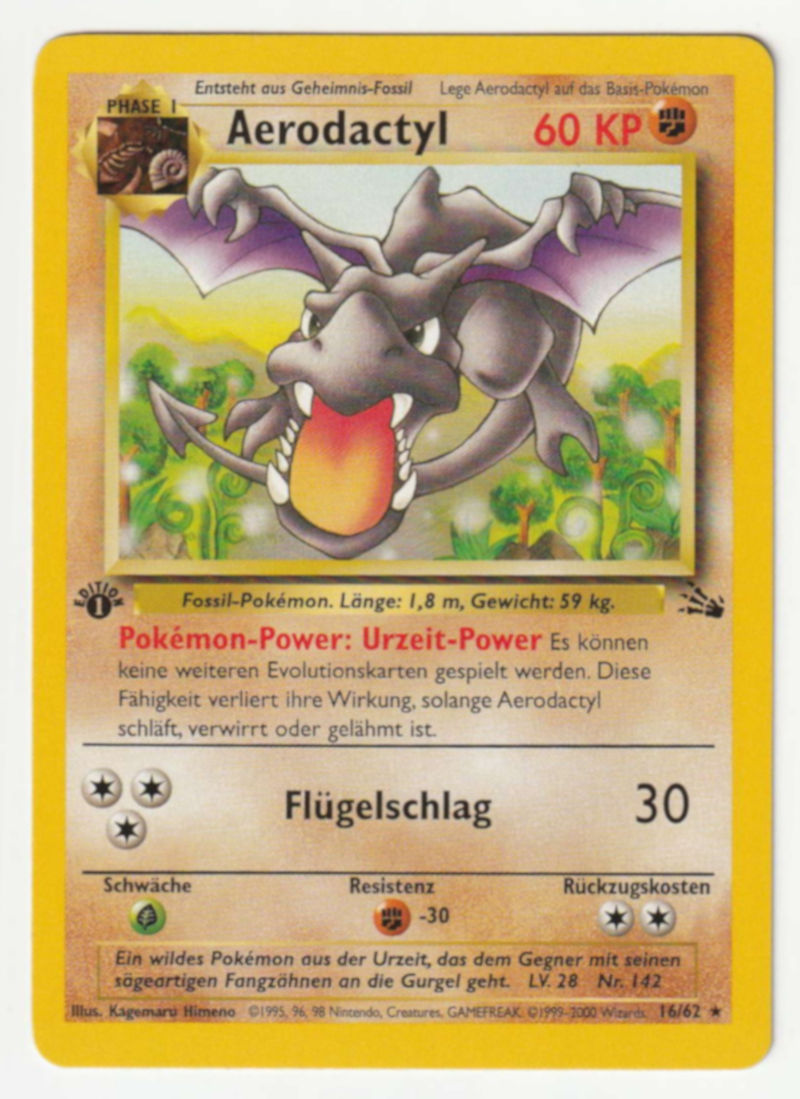 Aerodactyl 1 Edition (Rare) 16/62 Fossil - Deutsch - Excellent