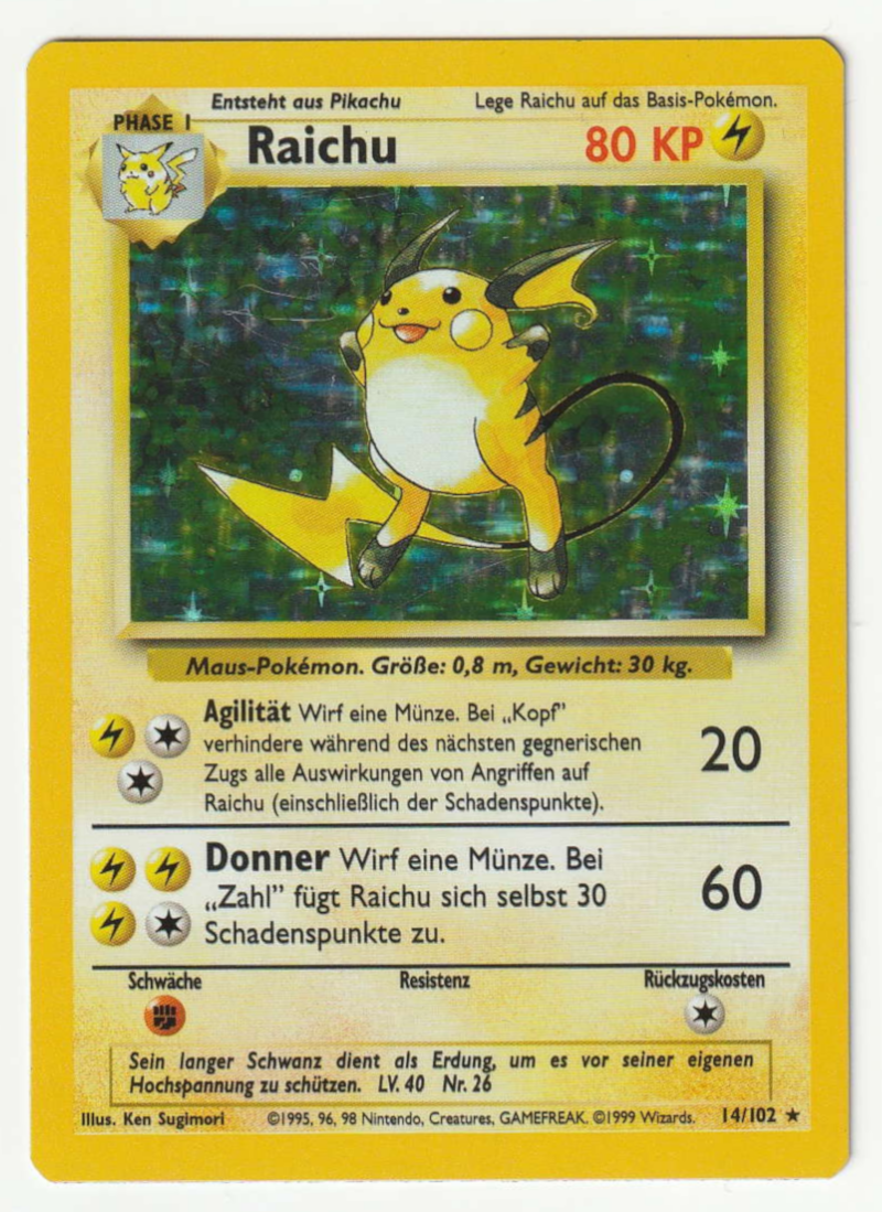 Raichu Holo 14/102 Base Set - Deutsch - Excellent - Near Mint